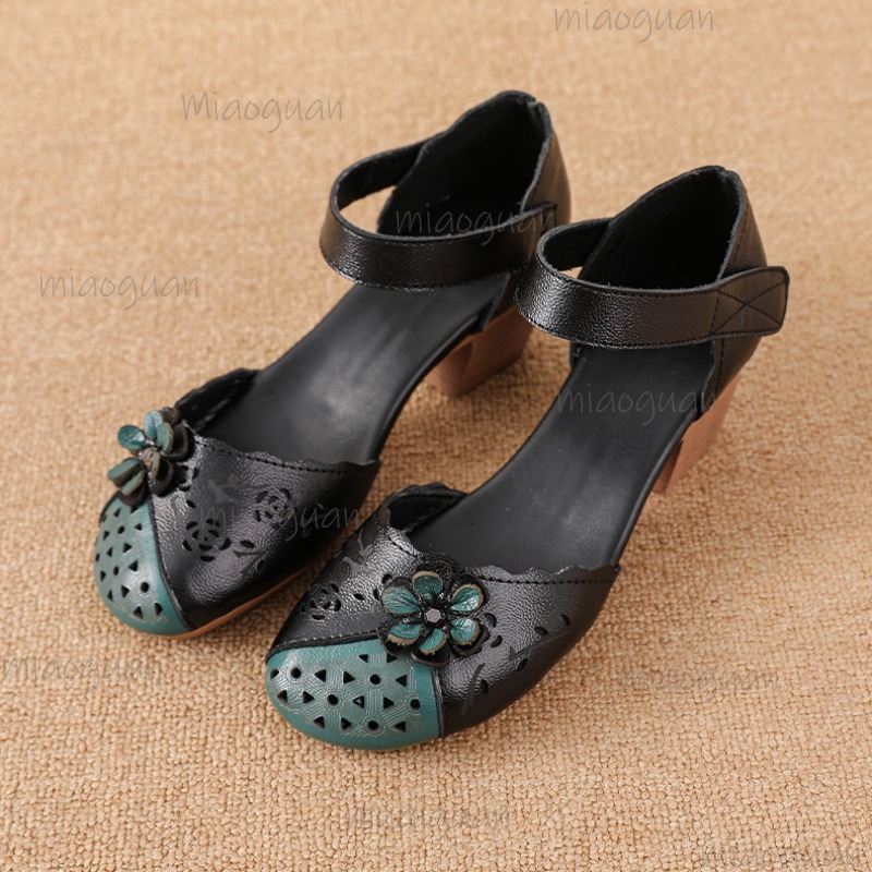 Ethnic Fashion Women - รองเท้าส้นเตารีดแบบกลาดิเอเตอร์ ปลายเปิดประดับดอกไม้ สายรัดข้อเท้า สไตล์เรโทร รองเท้าสไตล์ชาติพันธุ์ ใส่สบาย
